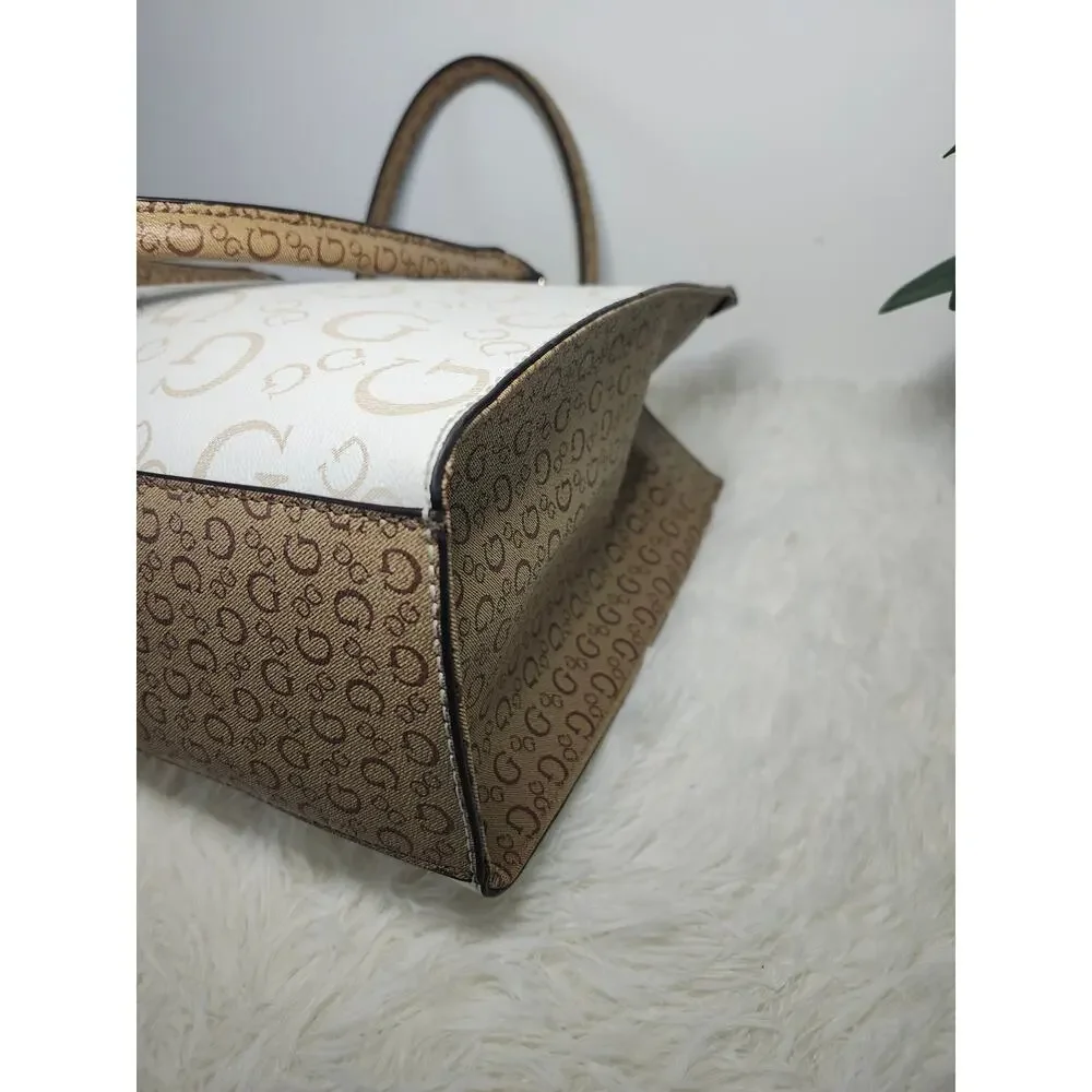 Guess Tote Bag Women's Cream Brown Gold Tone Preppy Classic Monogram Logo
